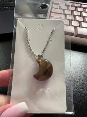 Crescent Moon Tiger Eye Pendant Necklace - Brown